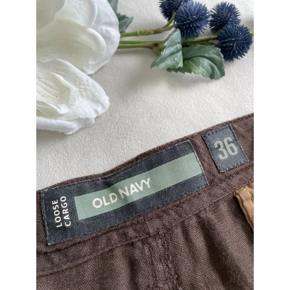 Old Navy Brown 100% Linen Mens Cargo Pocket Shorts Comfortable Casual Preppy 36